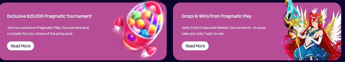 Two purple promo cards: “Exclusive €20,000 Pragmatic Tournament” with a candy capsule rocket graphic, and “Drops & Wins from Pragmatic Play” with a fantasy winged character, each with a “Read More” button.
