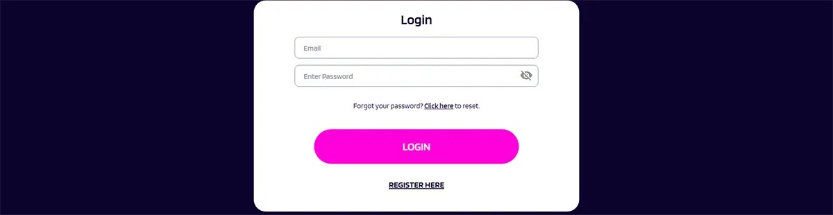 Simple login screen with email and password fields, a “Forgot your password?” reset link, a large pink “Login” button, and a “Register here” link on a dark purple background.