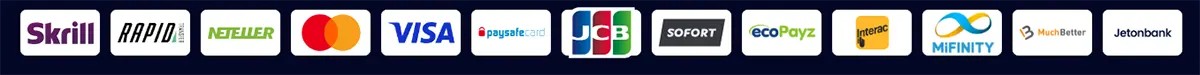 Payment methods banner showing Skrill, Rapid Transfer, Neteller, Mastercard, Visa, paysafecard, JCB, Sofort, ecoPayz, Interac, MiFinity, MuchBetter, and Jetonbank logos.